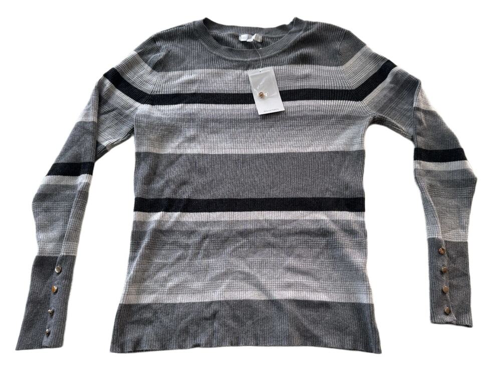 Design History Rader Ribbed Button Sleeve Sweater Womens L Gray Striped Crewneck